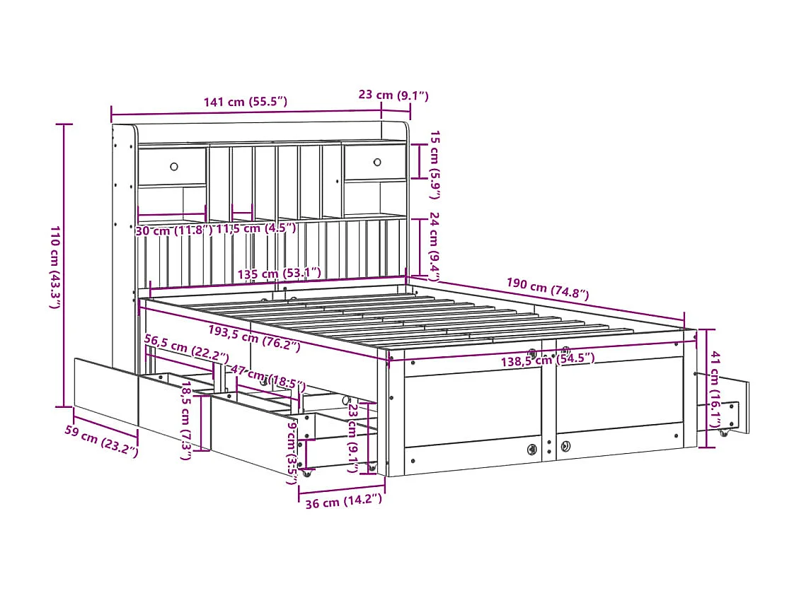 Lit bibliothèque sans matelas blanc 135x190 cm bois pin massif