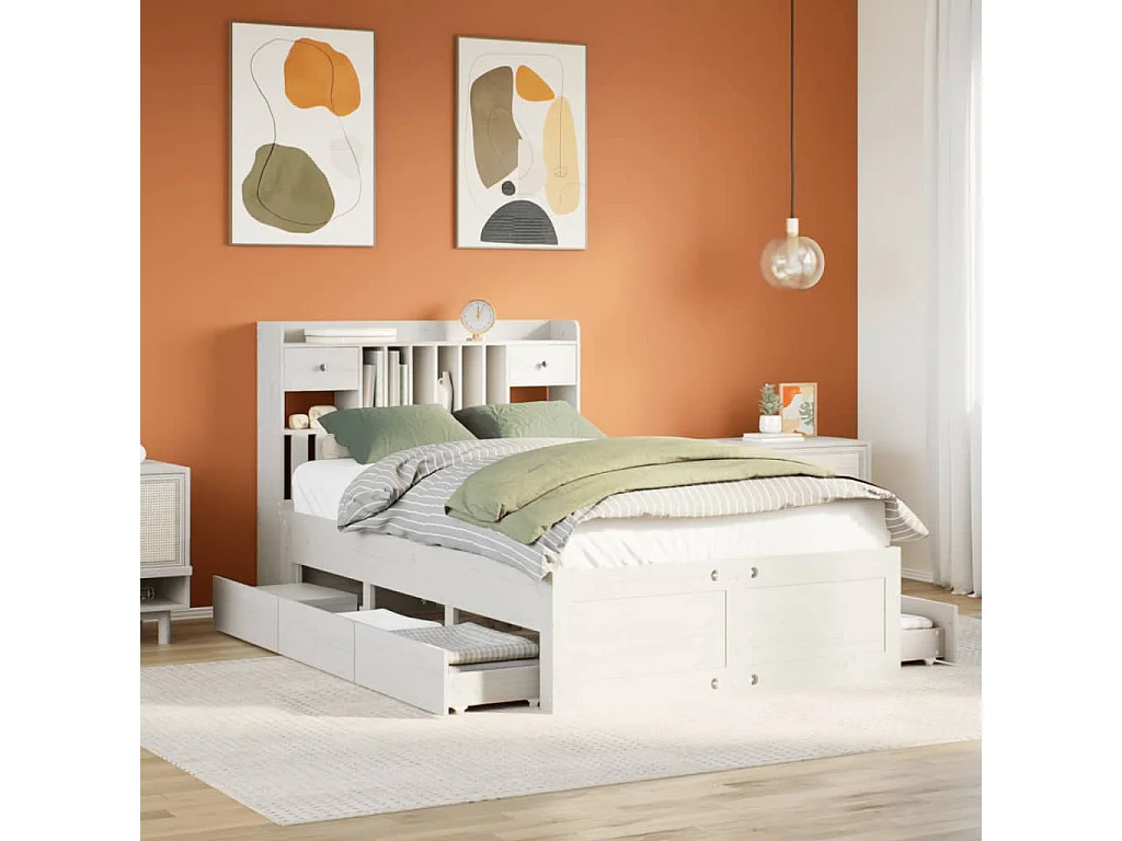 Lit bibliothèque sans matelas blanc 135x190 cm bois pin massif