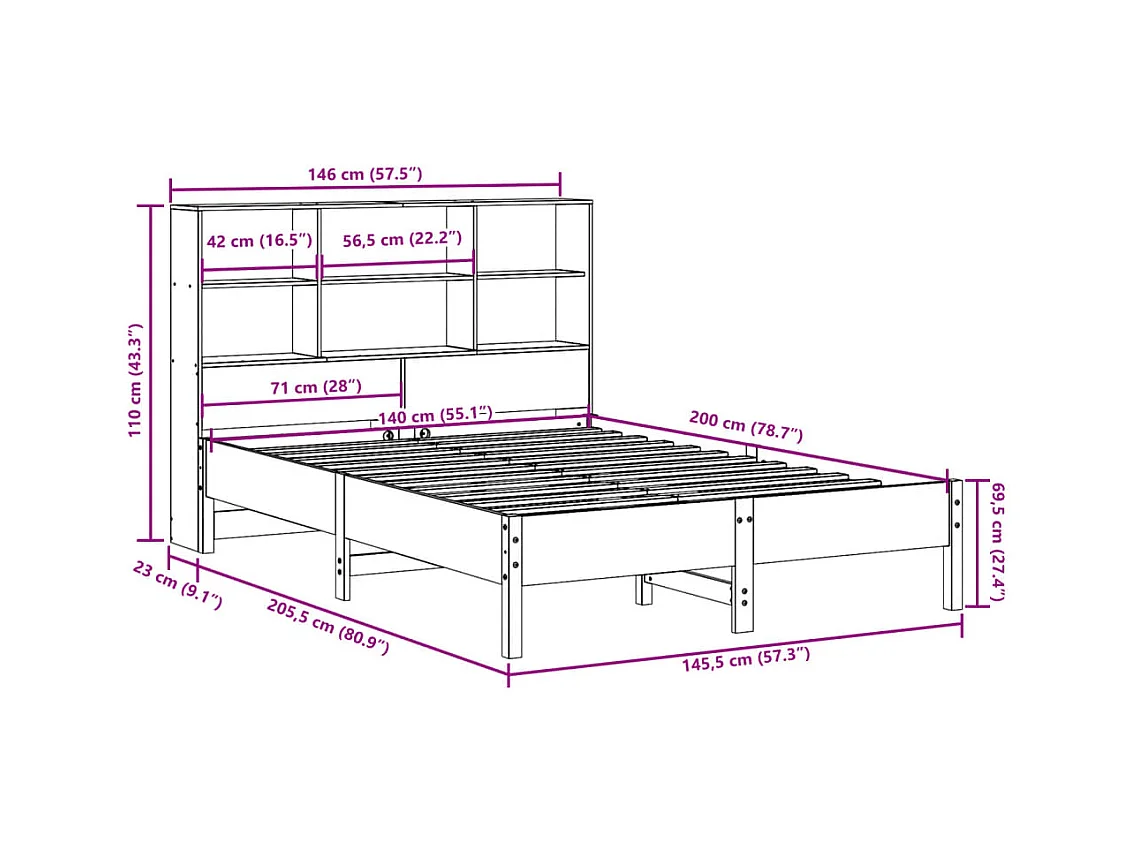 Lit bibliothèque sans matelas cire marron 140x200 cm pin massif