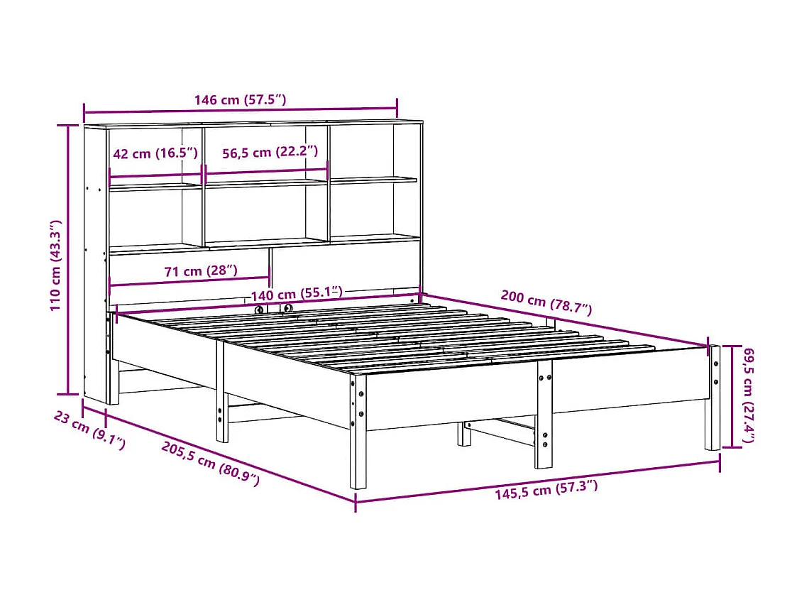Bed met boekenkast zonder matras grenenhout wasbruin 140x200 cm