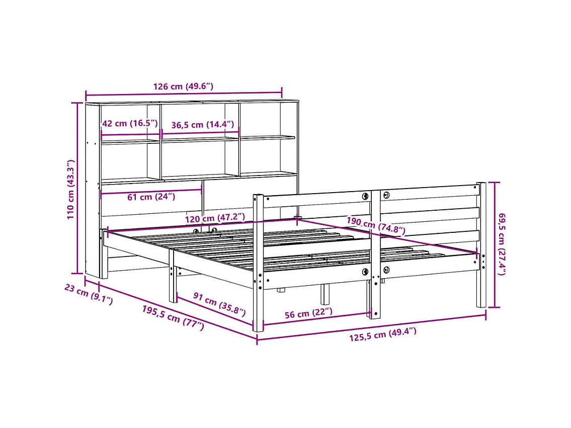 Lit bibliothèque sans matelas cire marron 120x190cm bois massif