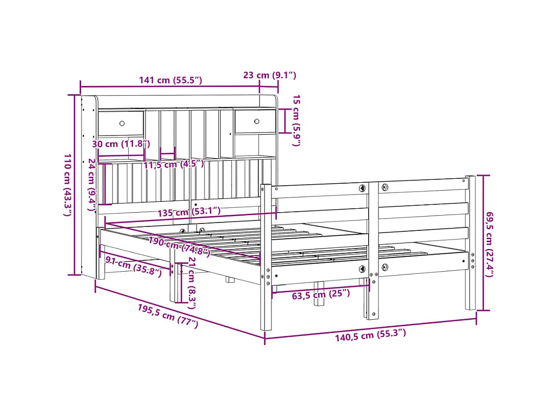 Cama com estante sem colchão 135x190 cm pinho maciço