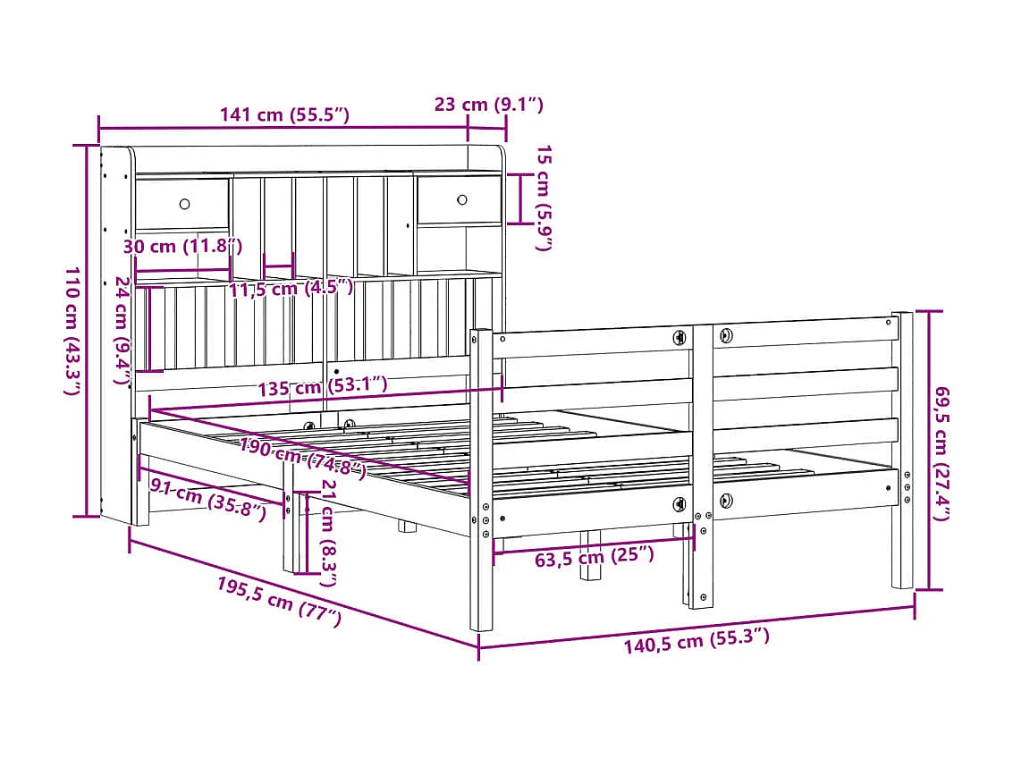 Lit bibliothèque sans matelas 135x190 cm bois de pin massif