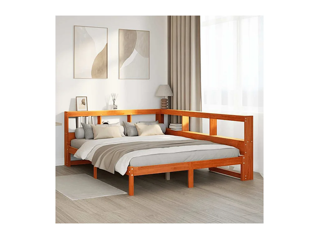 Lit bibliothèque sans matelas cire marron 150x200 cm pin massif