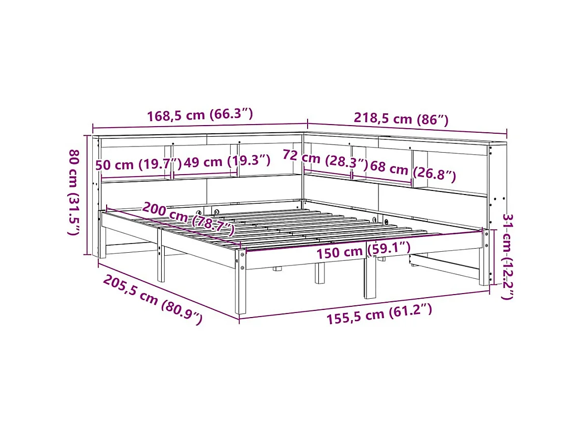 Lit bibliothèque sans matelas cire marron 150x200 cm pin massif