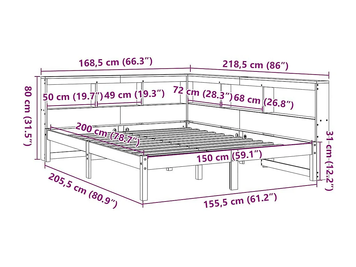 Cama con estantería sin colchón madera maciza marrón 150x200 cm
