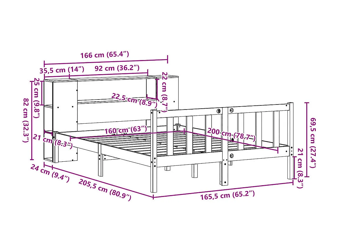 Massivholzbett mit Regal ohne Matratze Wachsbraun 160x200 cm