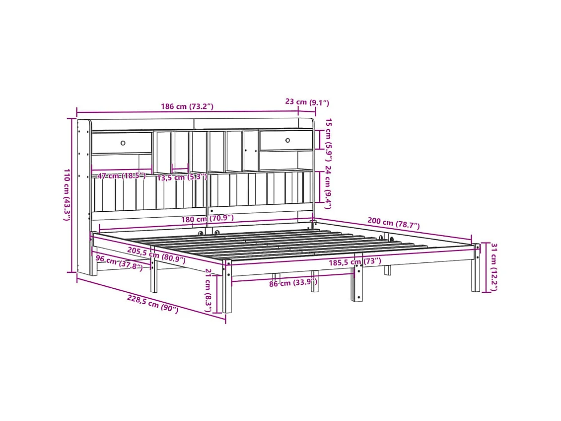 Letto Libreria senza Materasso 180x200 cm in Legno di Pino