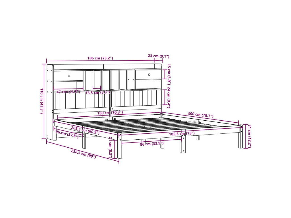 Bed met boekenkast zonder matras massief grenenhout 180x200 cm