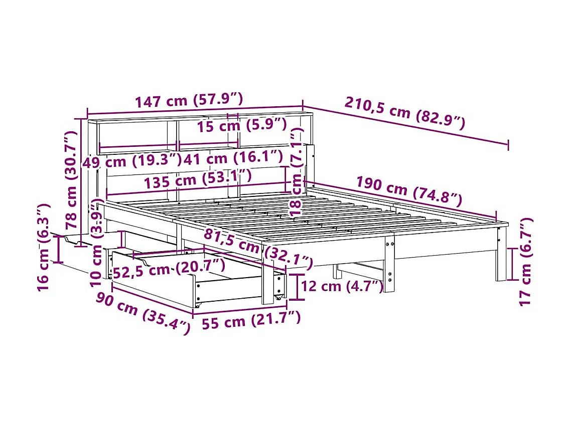 Lit bibliothèque sans matelas 135x190 cm bois de pin massif