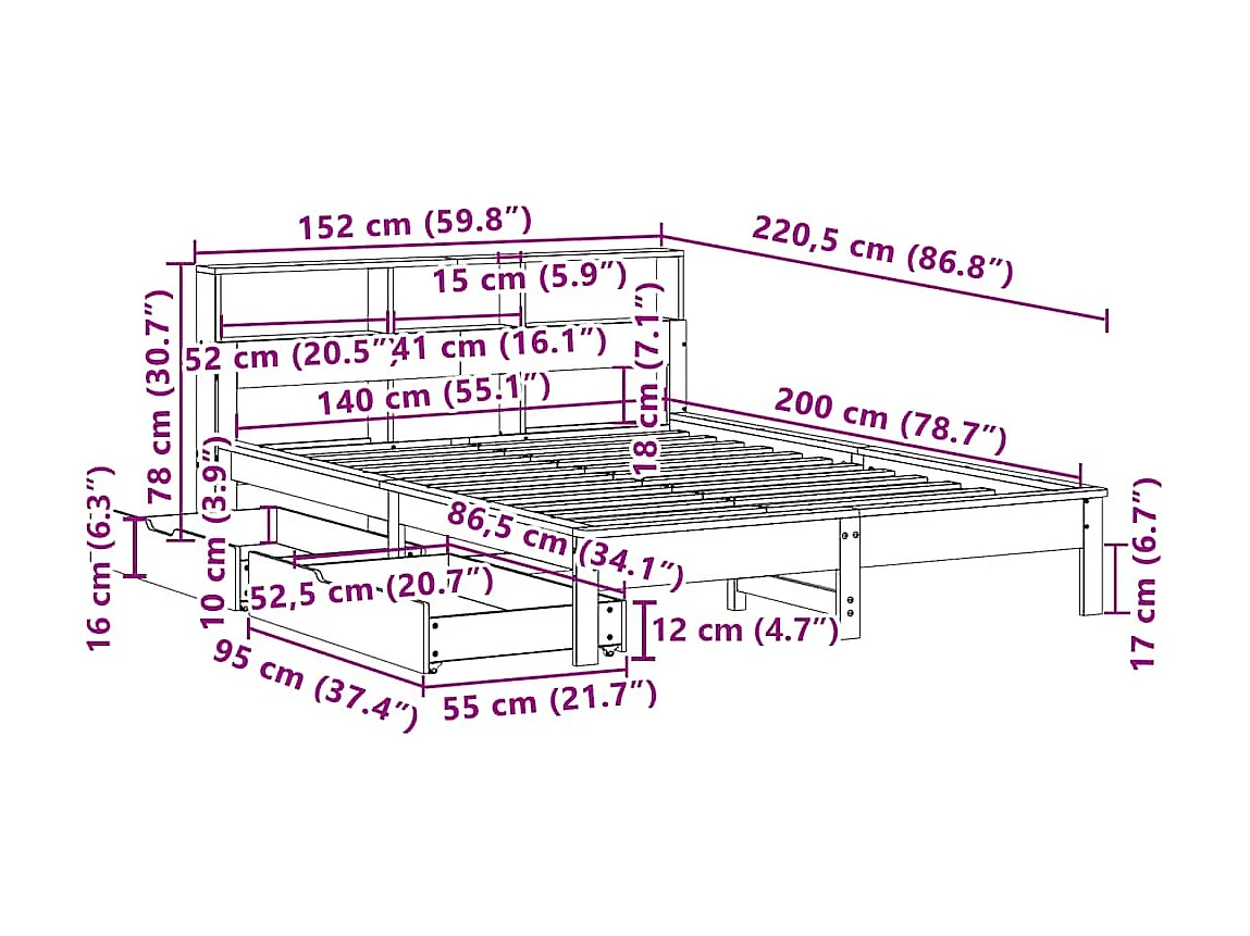 Lit bibliothèque sans matelas cire marron 140x200 cm pin massif