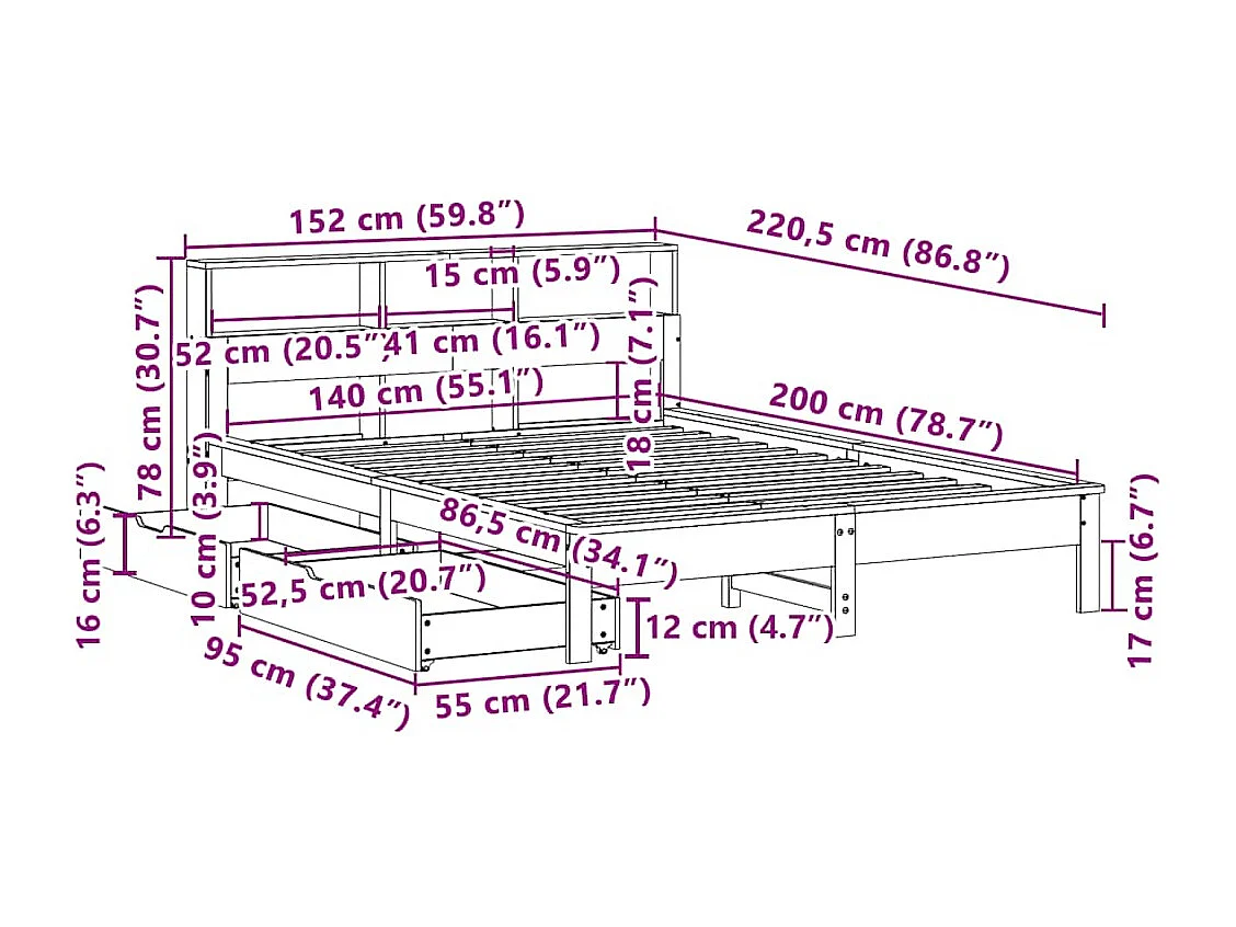 Lit bibliothèque sans matelas cire marron 140x200 cm pin massif