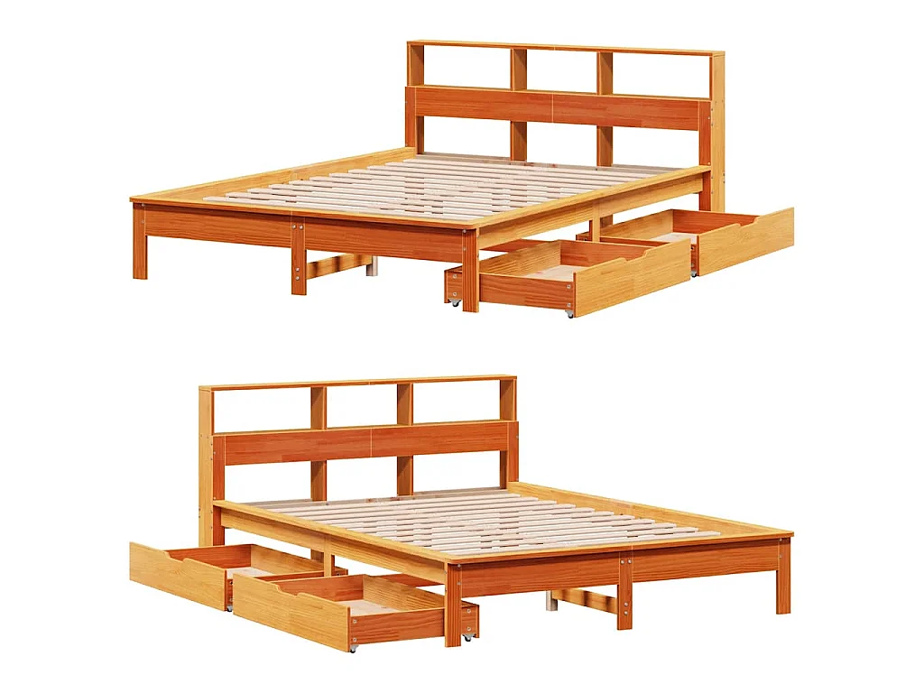 Lit bibliothèque sans matelas cire marron 140x200 cm pin massif