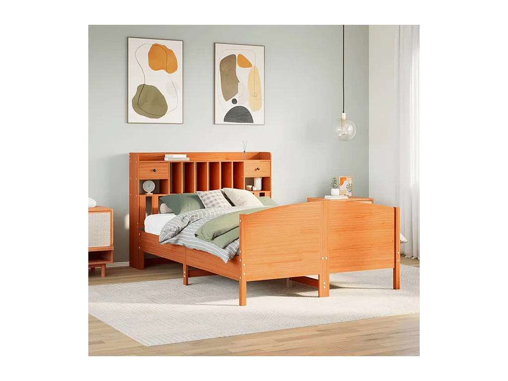 Lit bibliothèque sans matelas cire marron 140x190 cm pin massif