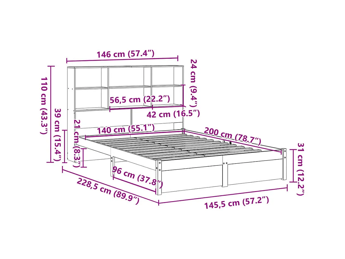 Lit bibliothèque sans matelas 140x200 cm bois massif de pin