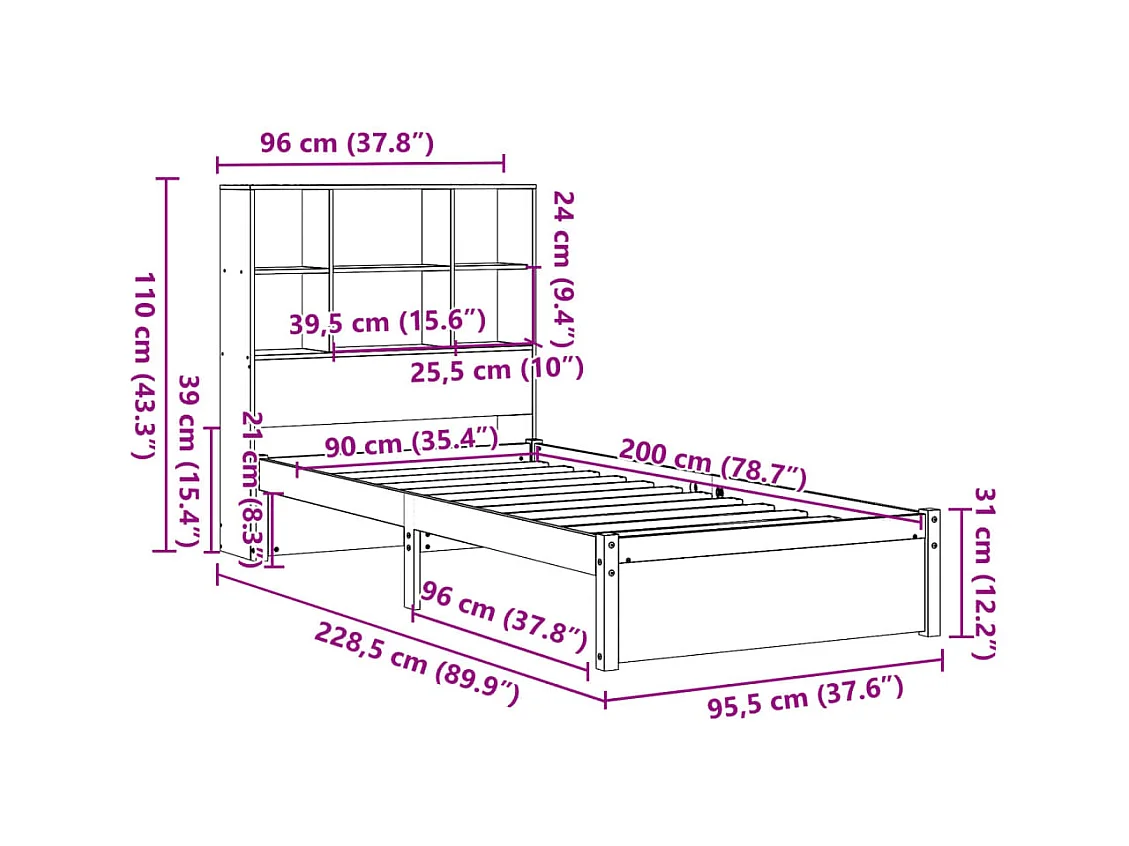 Lit bibliothèque sans matelas blanc 90x200cm bois de pin massif
