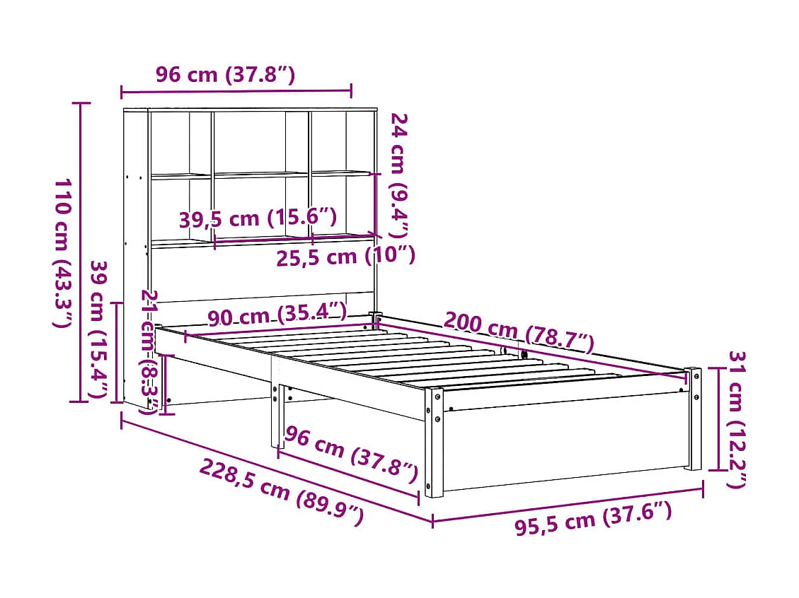 Cama com estante sem colchão 90x200 cm pinho maciço branco