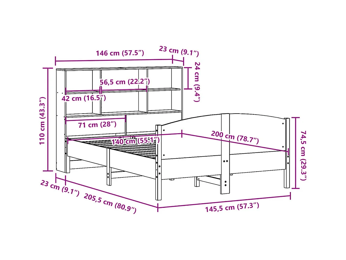 Massivholzbett mit Regal ohne Matratze Wachsbraun 140x200 cm