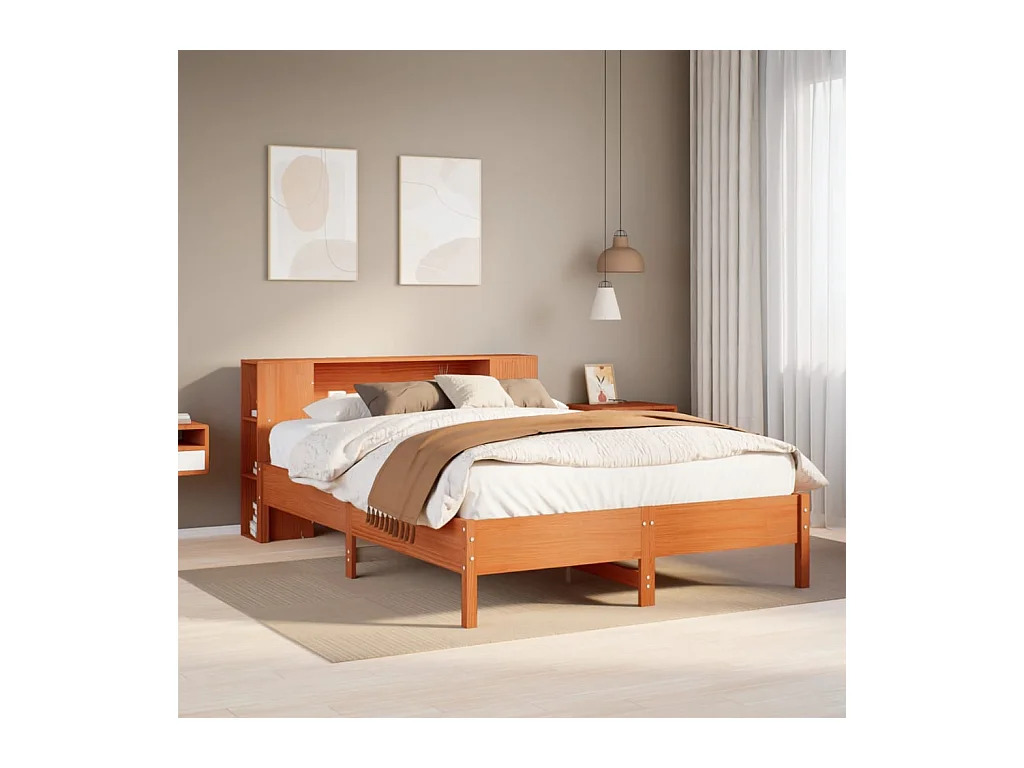 Lit bibliothèque sans matelas cire marron 160x200 cm pin massif