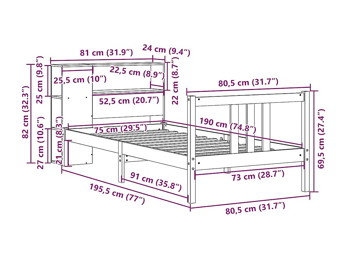 Giroletto con Libreria senza Materasso 75x190 cm in Legno Pino