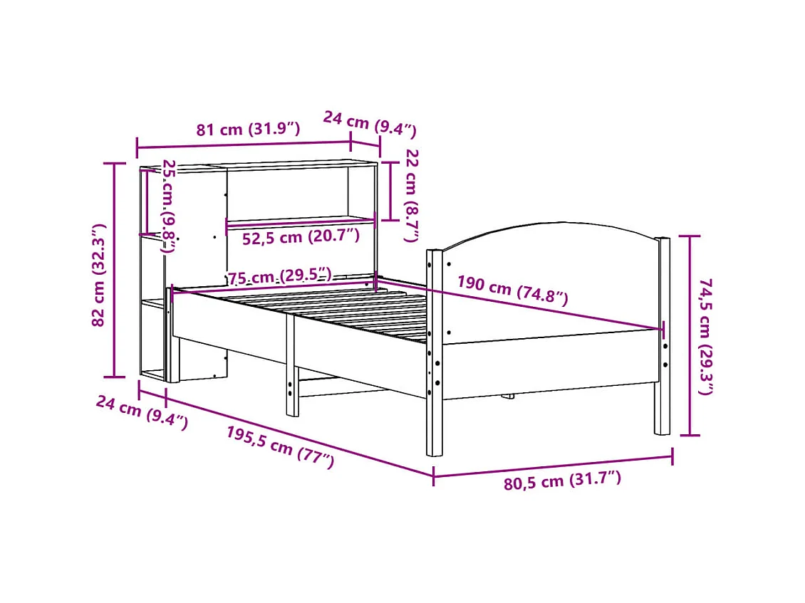 Lit bibliothèque sans matelas cire marron 75x190 cm pin massif