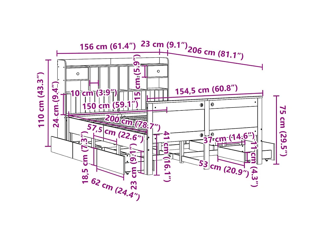 Massivholzbett mit Regal ohne Matratze 150x200 cm Kiefernholz