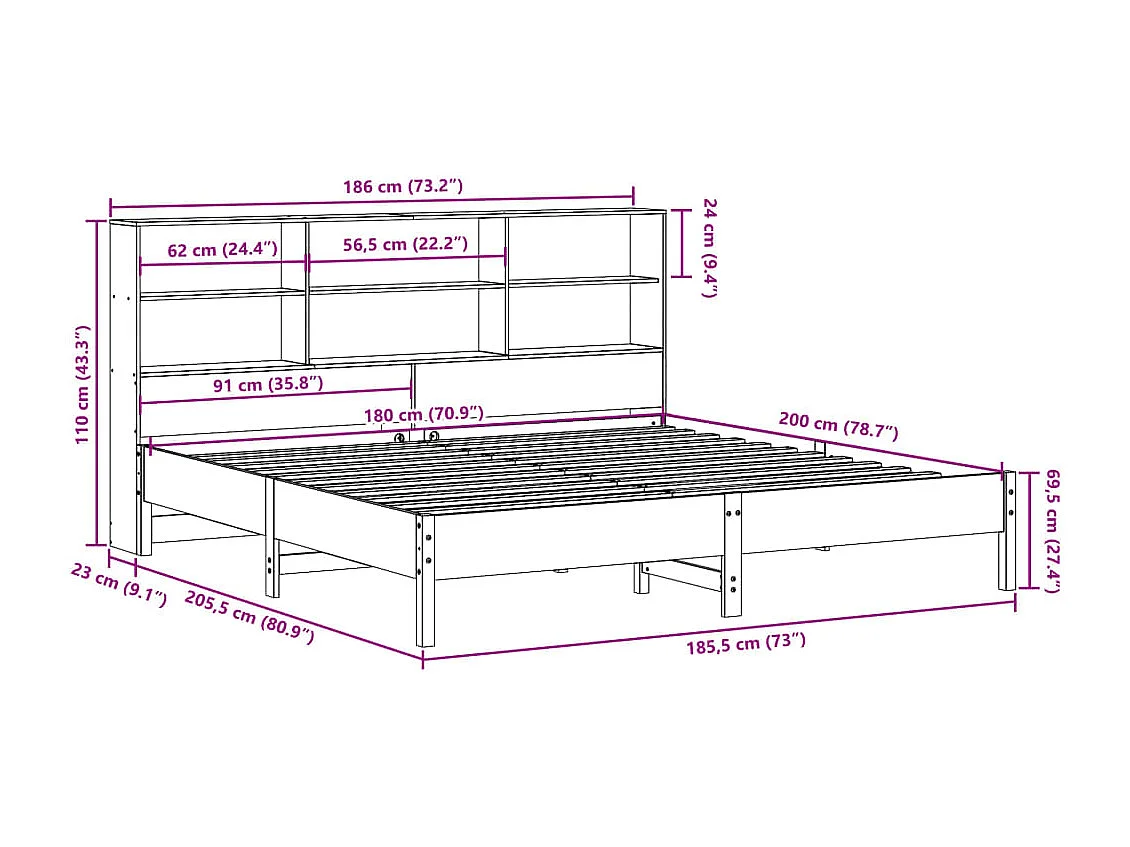 Cama con estantería sin colchón madera maciza blanca 180x200 cm