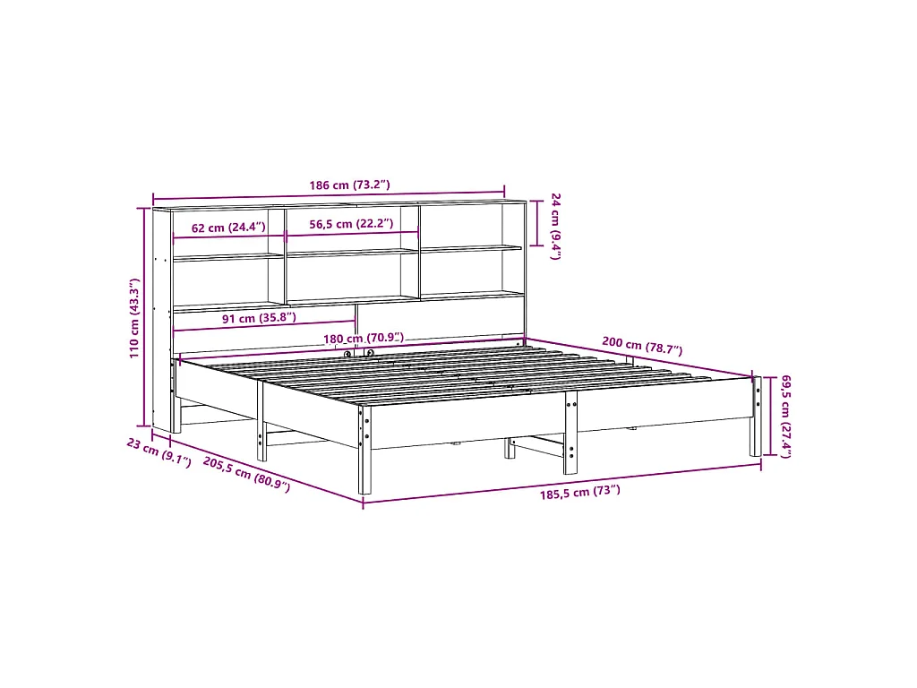 Giroletto con Libreria senza Materasso 180x200 cm in Legno Pino