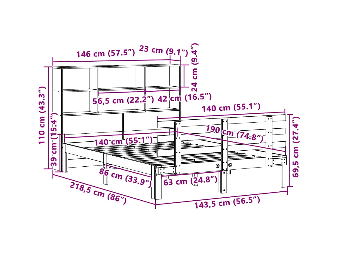 Lit bibliothèque sans matelas cire marron 140x190 cm pin massif