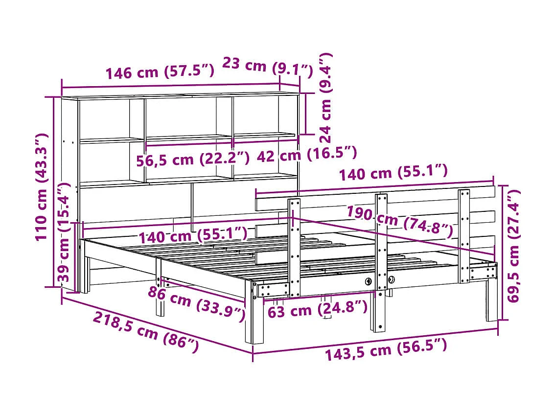 Lit bibliothèque sans matelas cire marron 140x190 cm pin massif