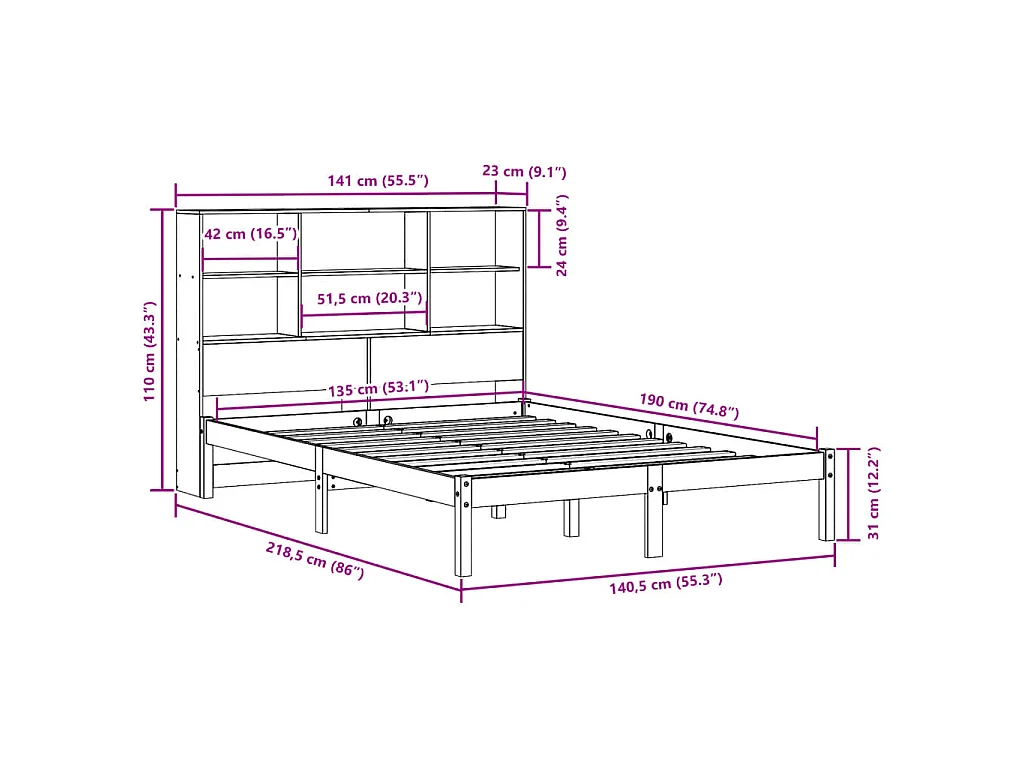 Cama con estantería sin colchón madera maciza marrón 135x190cm