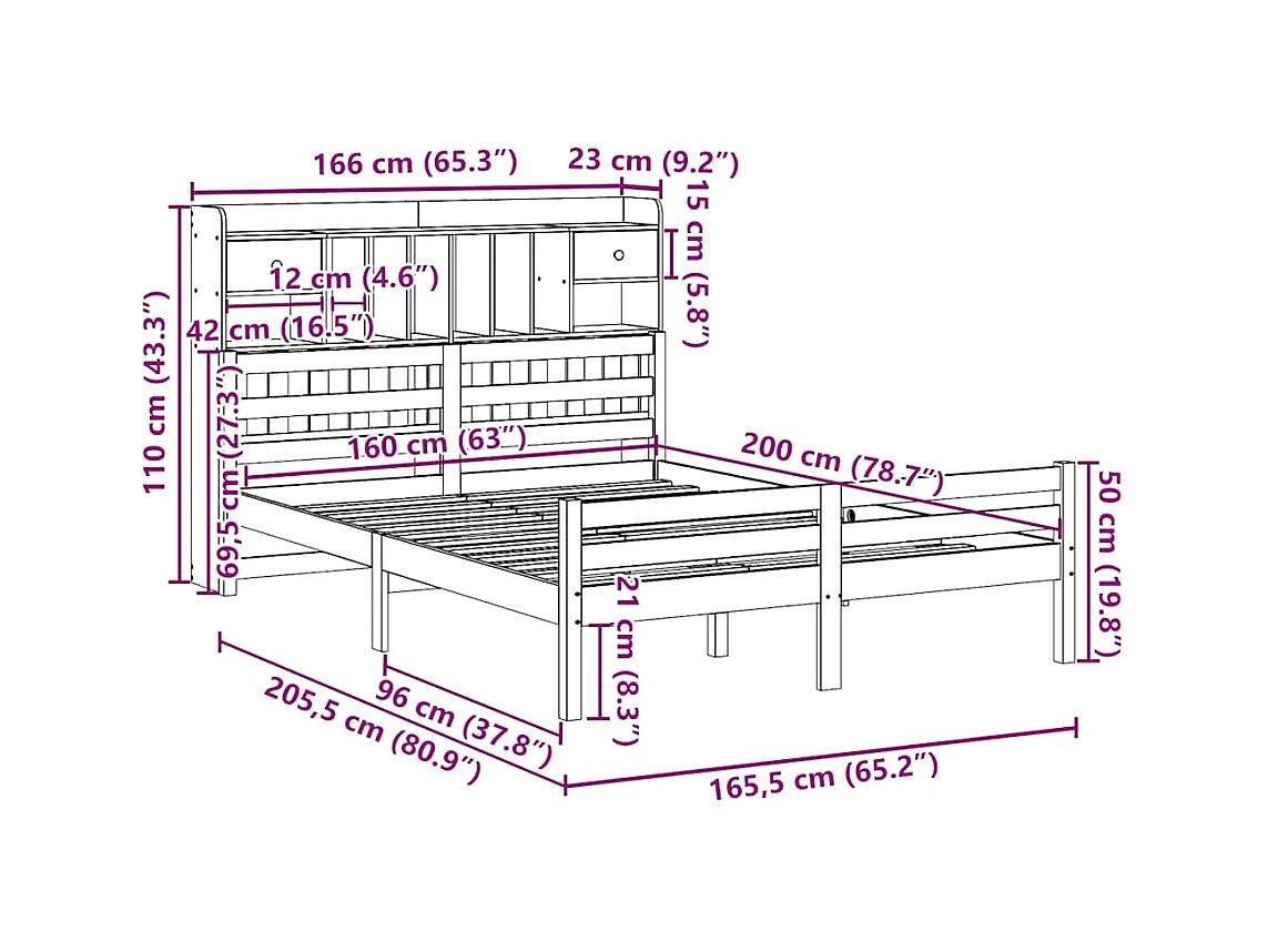 Bed met boekenkast zonder matras massief grenenhout 160x200 cm