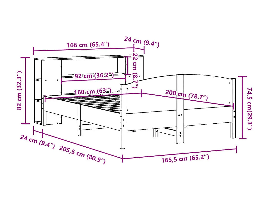 Bed met boekenkast zonder matras massief grenenhout 160x200 cm