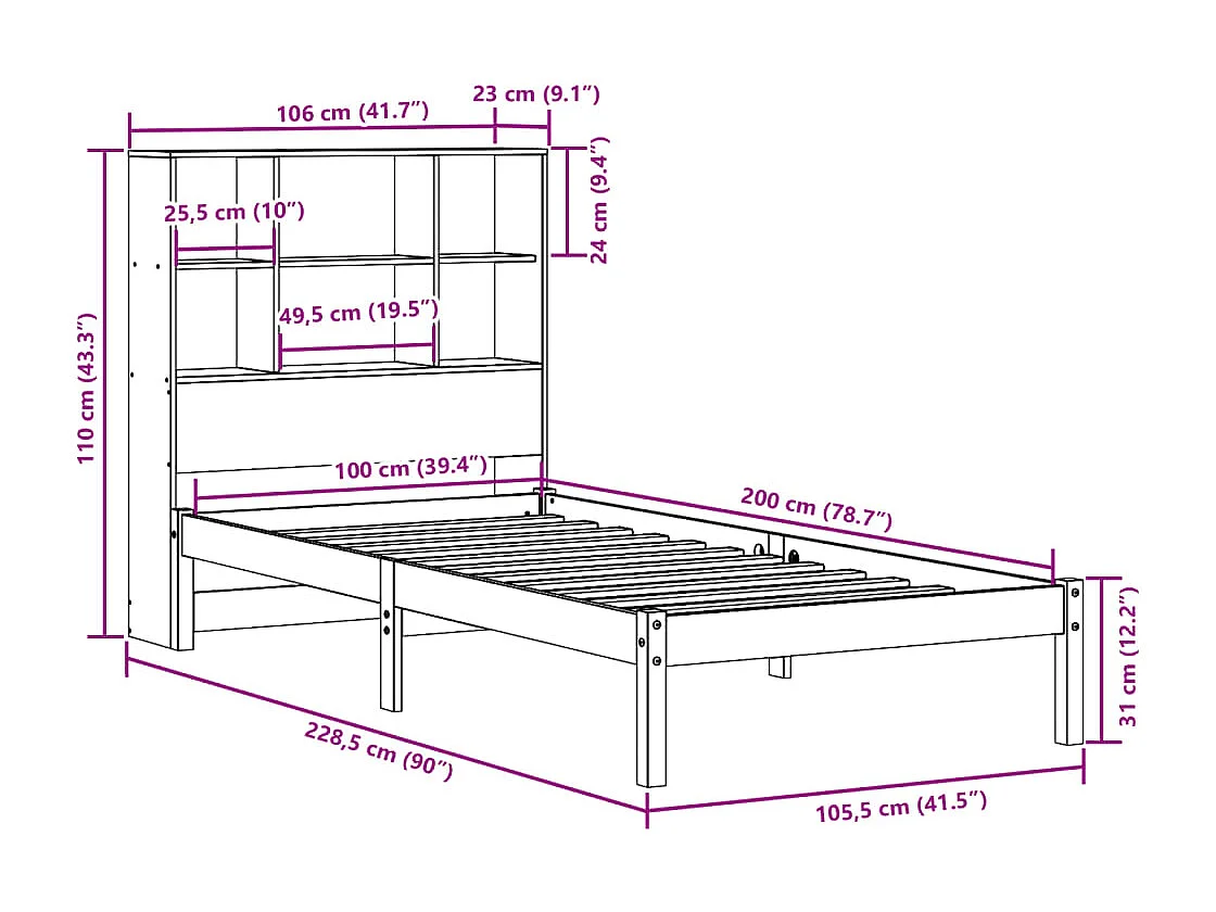 Cama con estantería sin colchón madera maciza marrón 100x200 cm