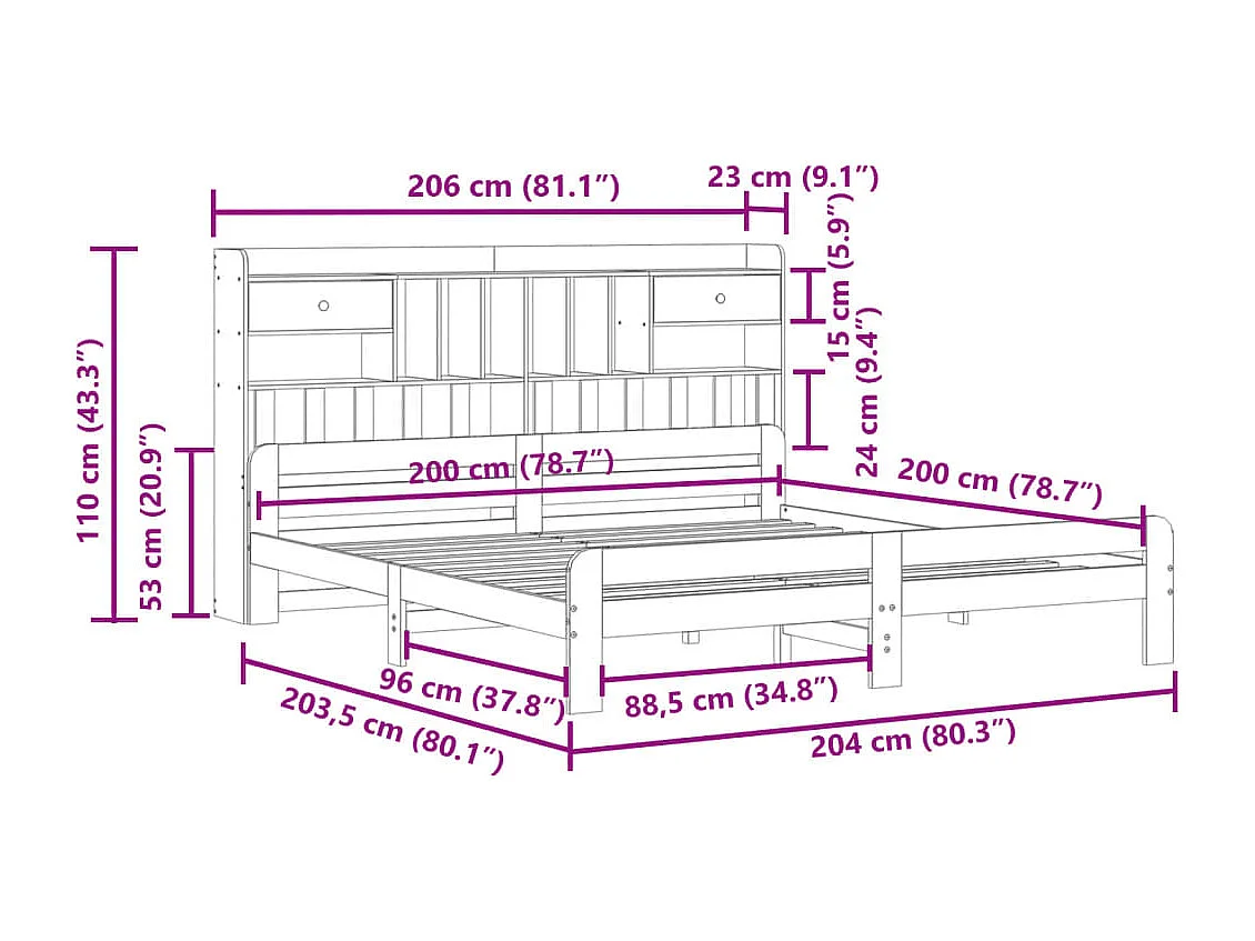 Massivholzbett mit Regal ohne Matratze Wachsbraun 200x200 cm