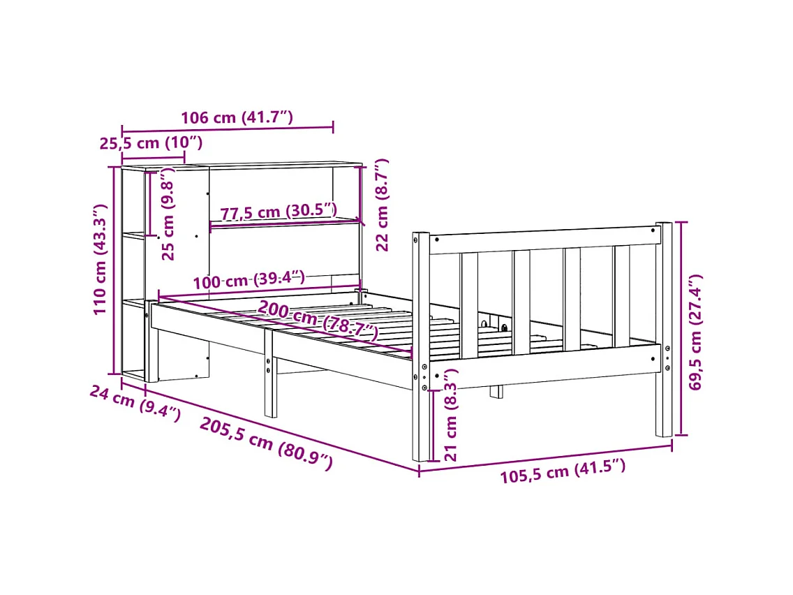 Lit bibliothèque sans matelas blanc 100x200 cm bois pin massif