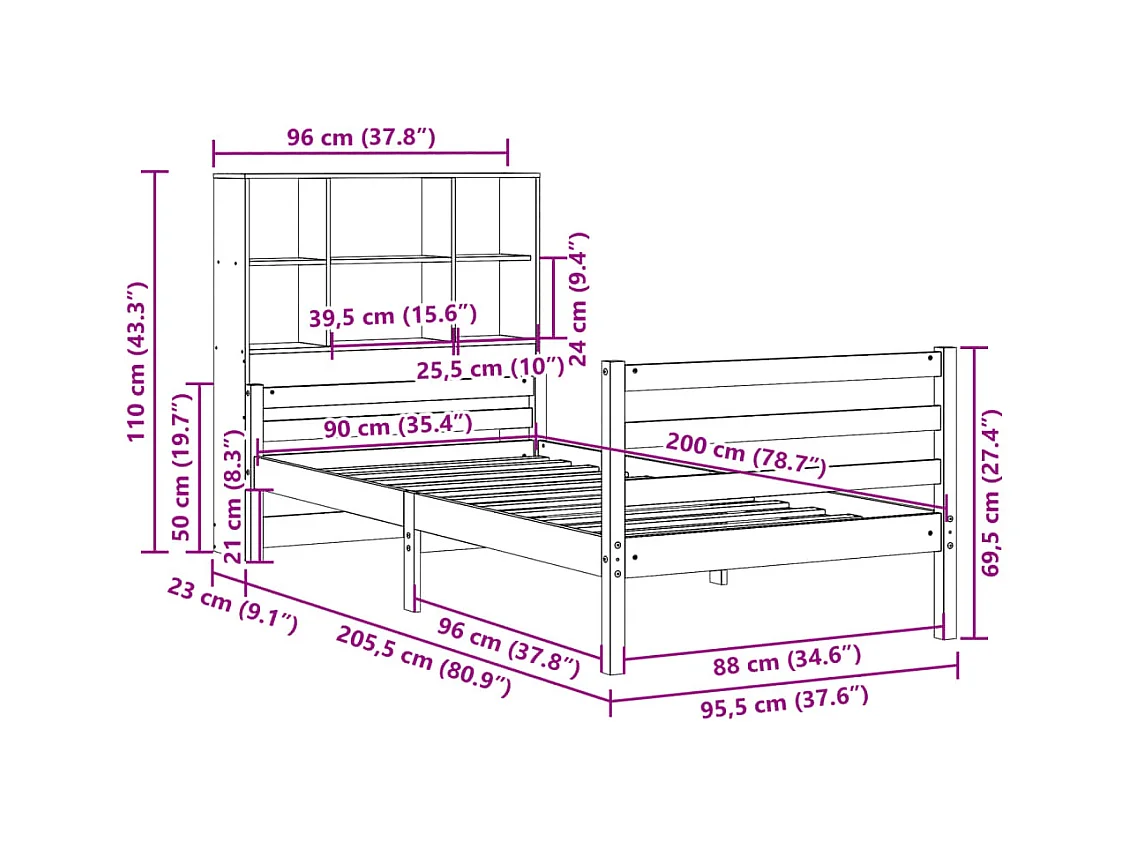 Letto Libreria senza Materasso 90x200 cm Legno Massello Pino