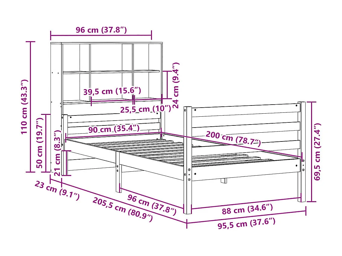Letto Libreria senza Materasso 90x200 cm Legno Massello Pino