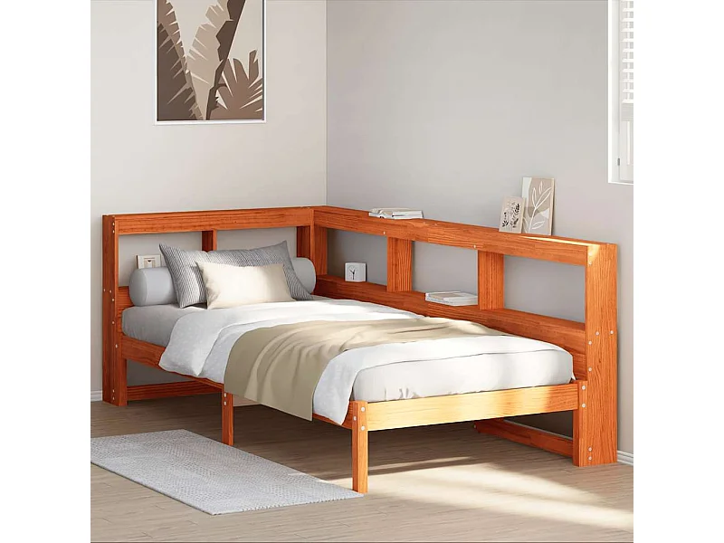 Bed met boekenkast zonder matras grenenhout wasbruin 75x190 cm