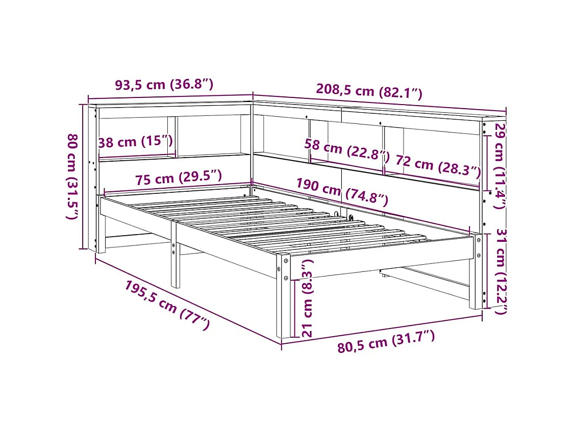 Lit bibliothèque sans matelas cire marron 75x190 cm pin massif