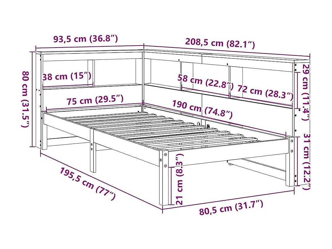 Letto Libreria senza Materasso Marrone Cera 75x190 cm in Pino