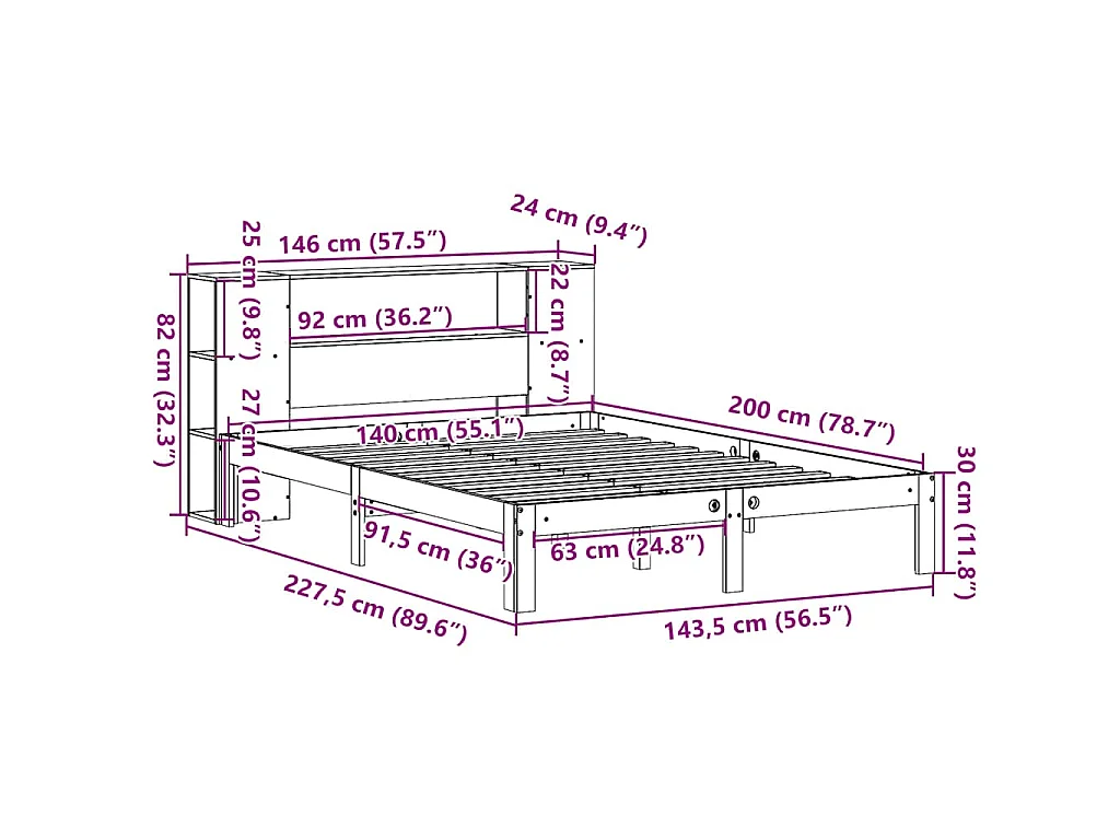 Lit bibliothèque sans matelas blanc 140x200 cm bois pin massif