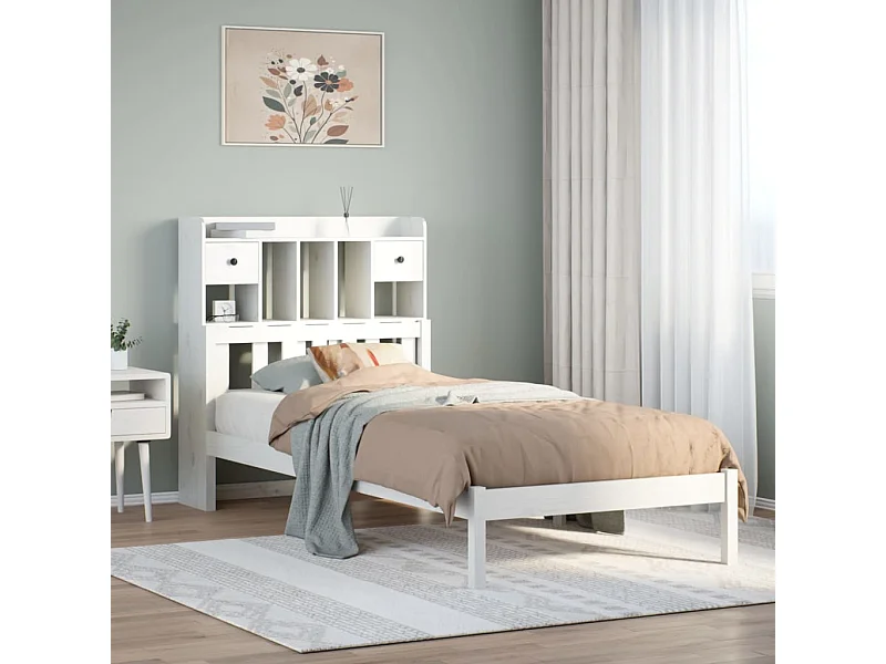 Lit bibliothèque sans matelas blanc 90x200cm bois de pin massif