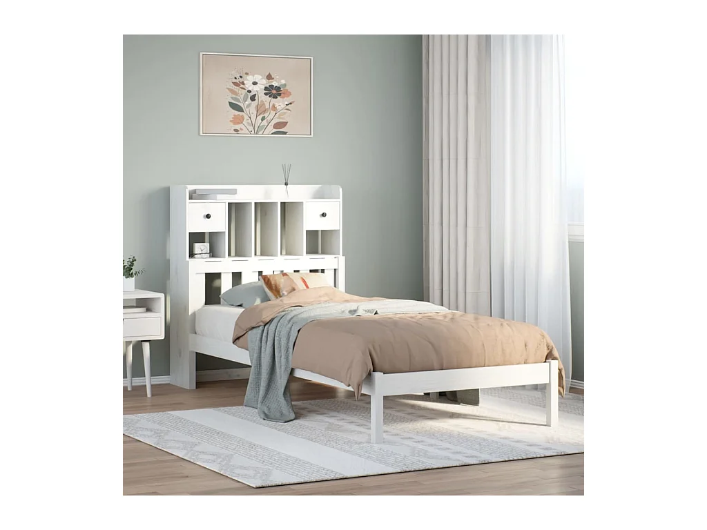 Lit bibliothèque sans matelas blanc 90x200cm bois de pin massif
