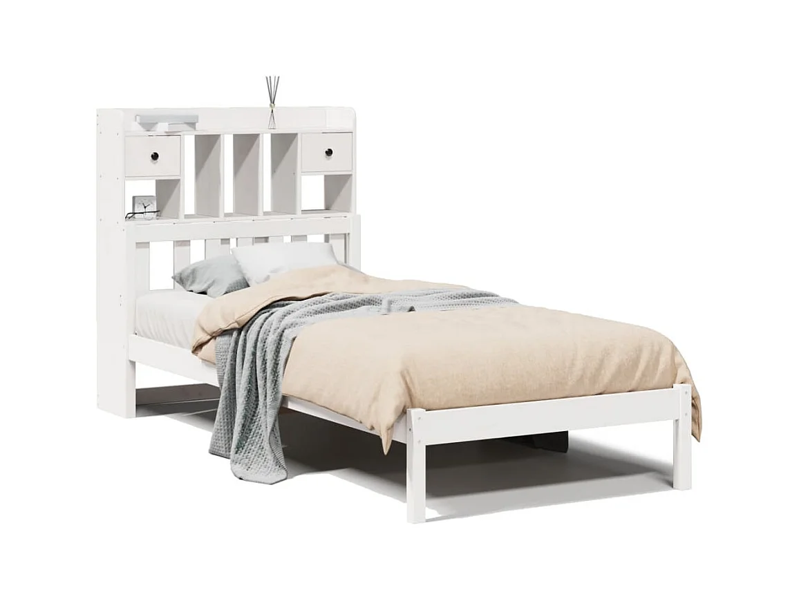 Lit bibliothèque sans matelas blanc 90x200cm bois de pin massif