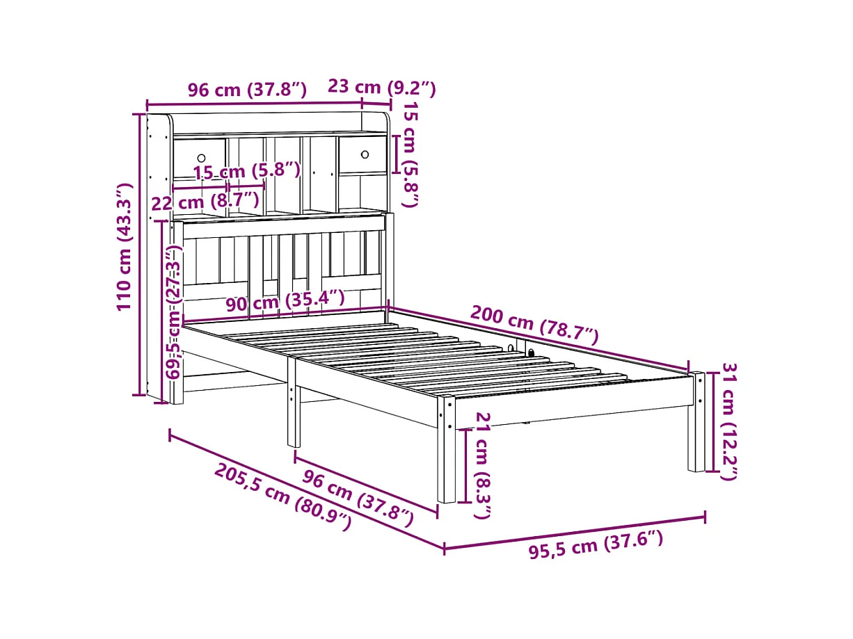 Lit bibliothèque sans matelas blanc 90x200cm bois de pin massif