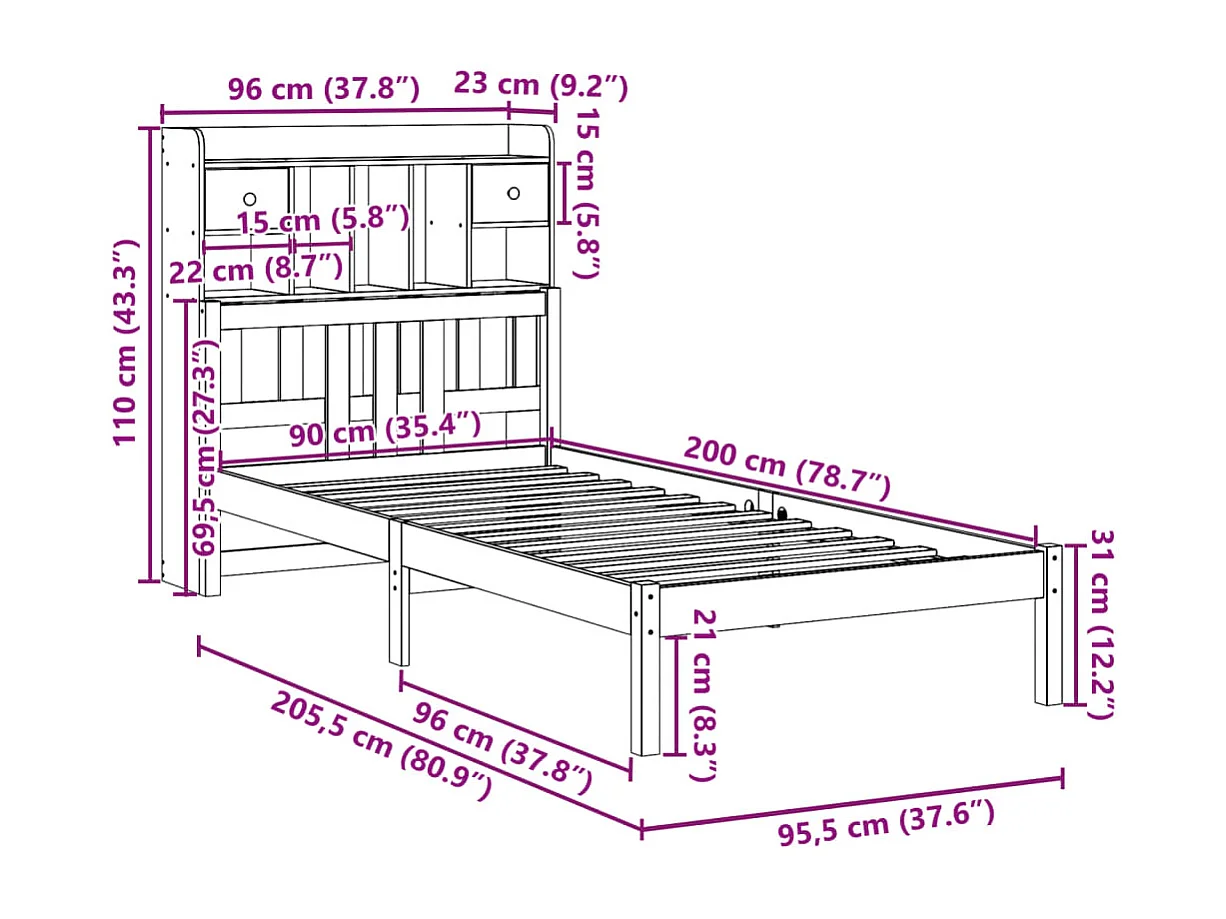 Massivholzbett mit Regal ohne Matratze Weiß 90x200 cm Kiefer