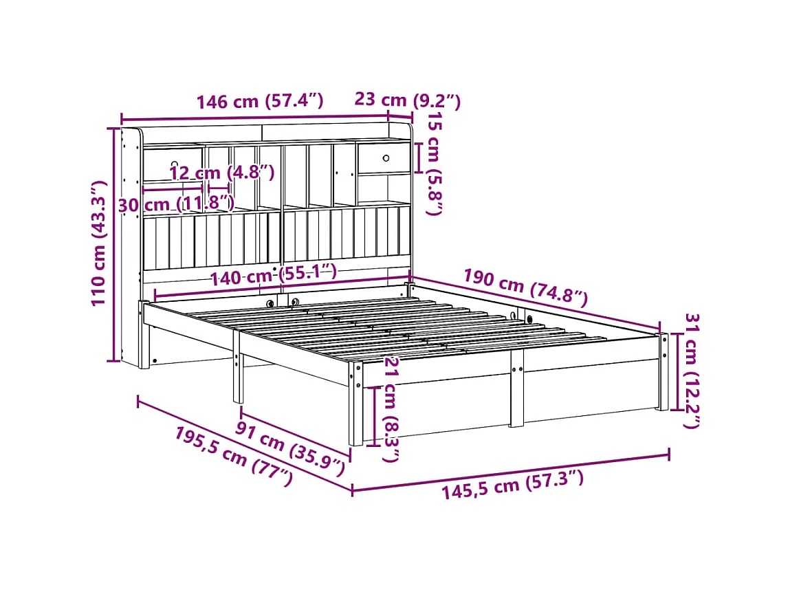 Lit bibliothèque sans matelas blanc 140x190 cm bois pin massif