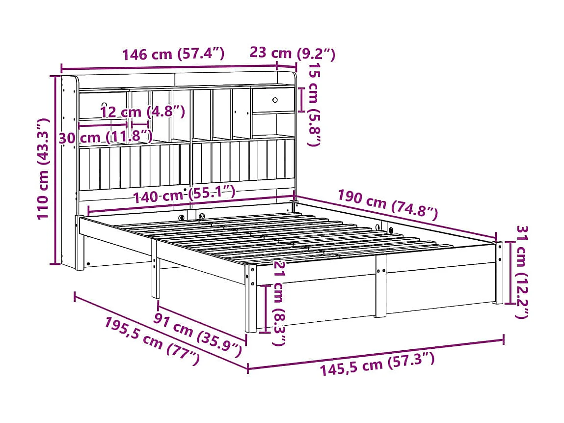 Cama con estantería sin colchón madera maciza blanca 140x190 cm