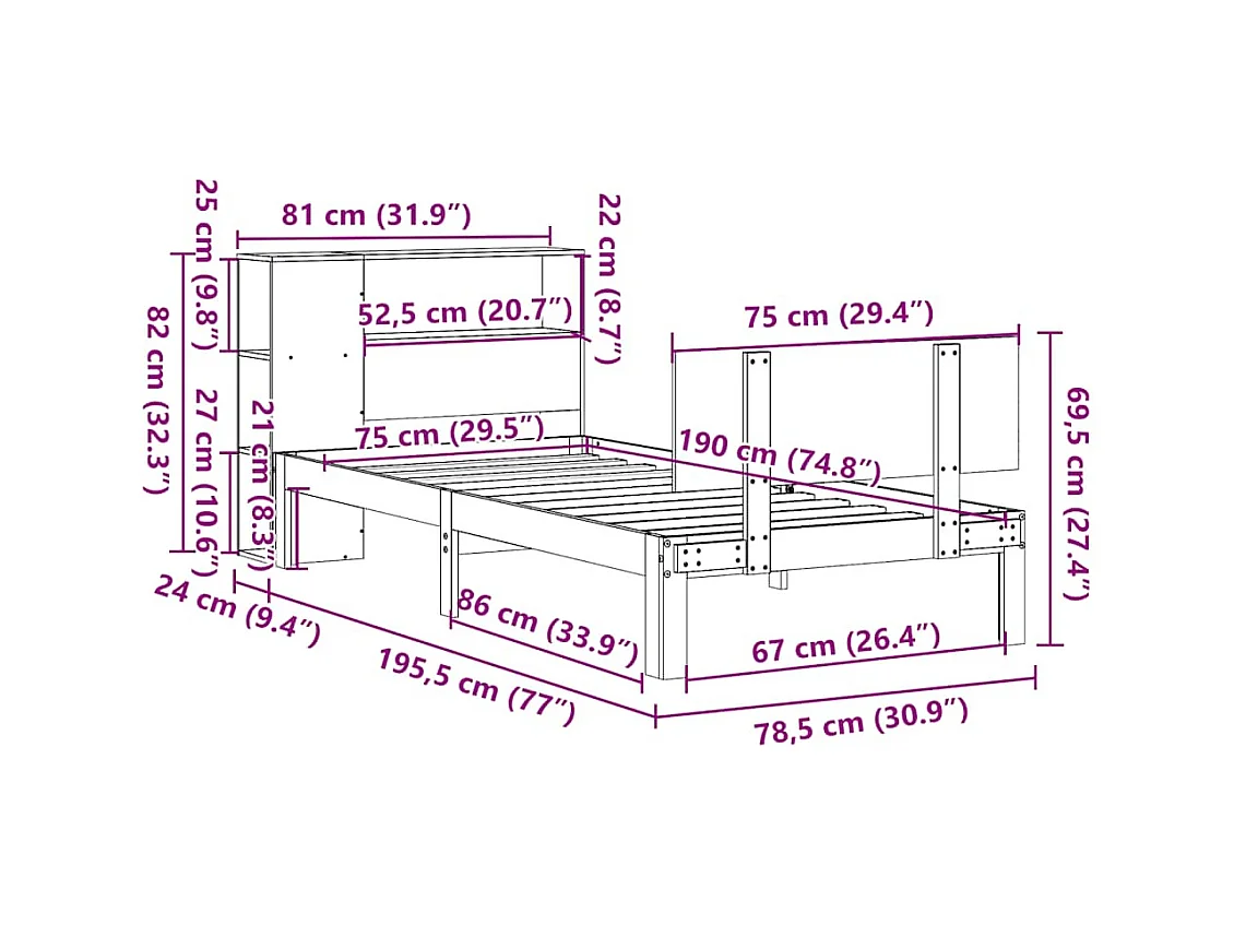 Massivholzbett mit Regal ohne Matratze Weiß 75x190 cm Kiefer